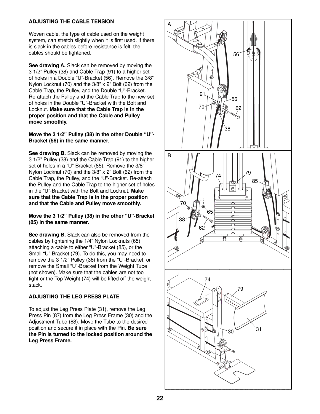 Weider 831.159823 user manual Adjusting the Cable Tension, Adjusting the LEG Press Plate 