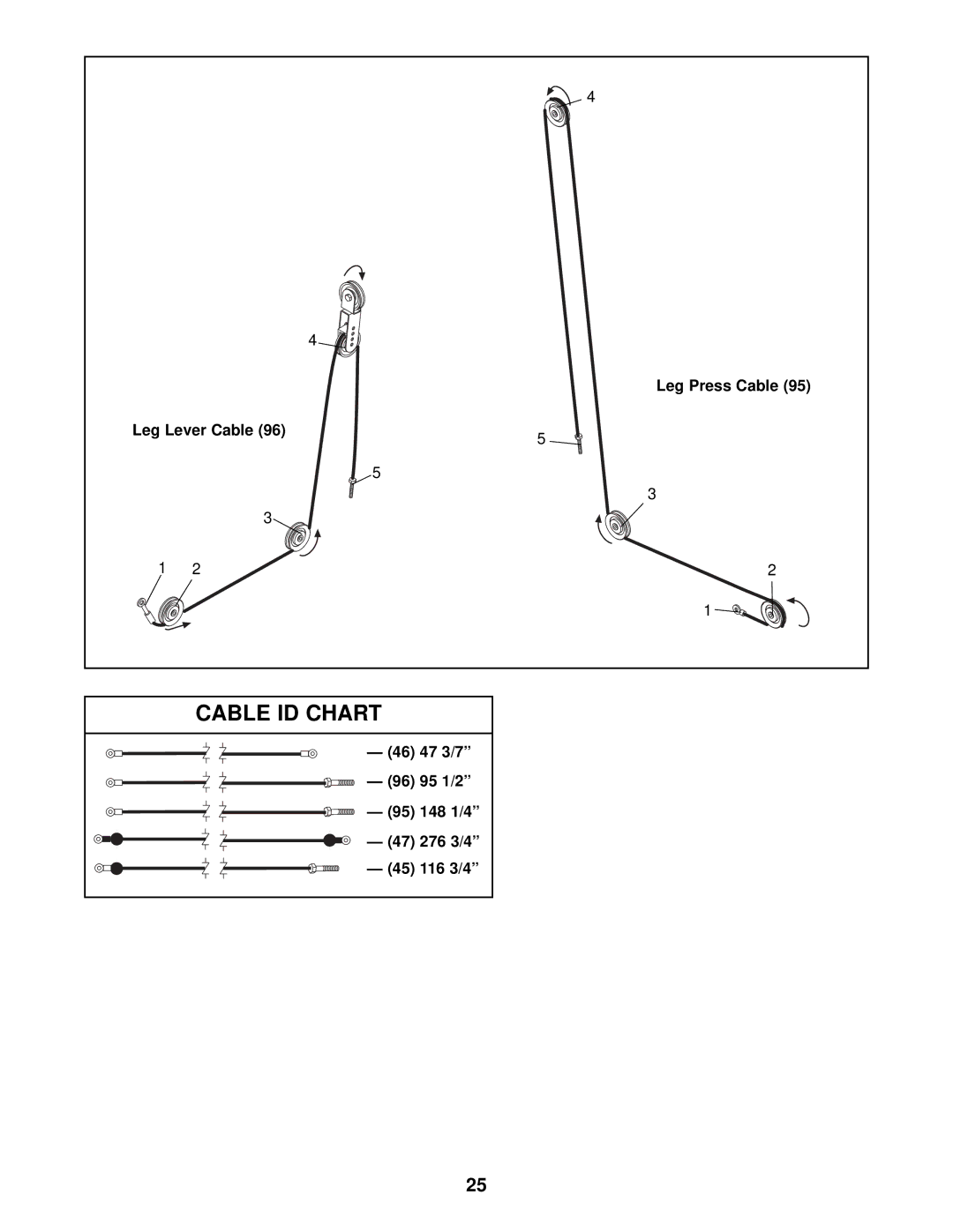 Weider 831.159823 user manual Leg Press Cable, Leg Lever Cable, 46 47 3/7 96 95 1/2 95 148 1/4 47 276 3/4 45 116 3/4 