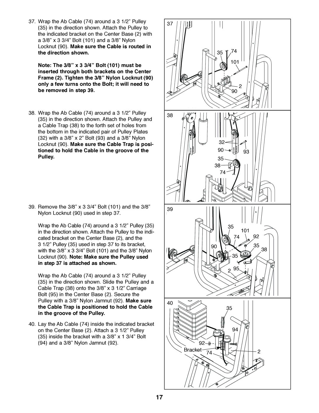 Weider 831.159830 user manual Locknut 90. Make sure the Cable is routed Direction shown 