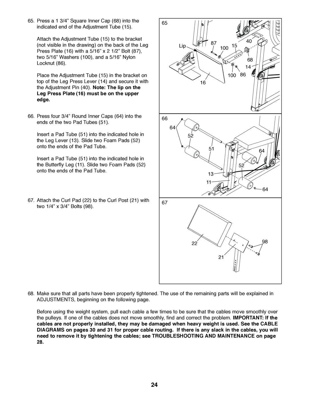 Weider 831.159830 user manual Leg Press Plate 16 must be on the upper edge 