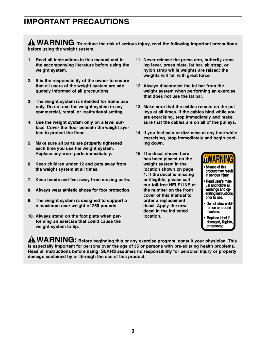 Weider 831.159830 user manual Important Precautions 