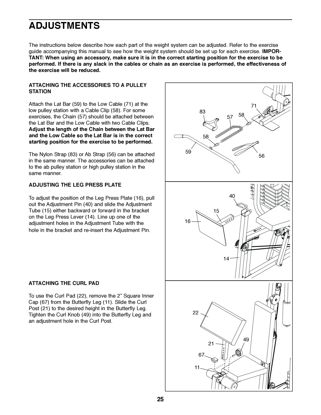 Weider 831.159830 user manual Adjustments, Attaching The Accessories To A Pulley Station, Adjusting The Leg Press Plate 