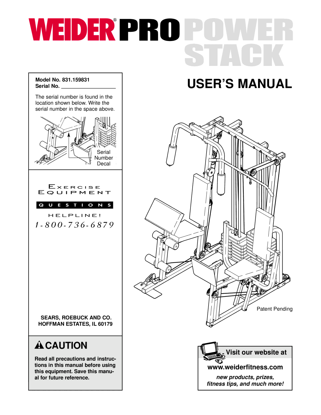 Weider 831.159831 user manual Model No Serial No, Serial Number Decal, SEARS, Roebuck and CO Hoffman ESTATES, IL 