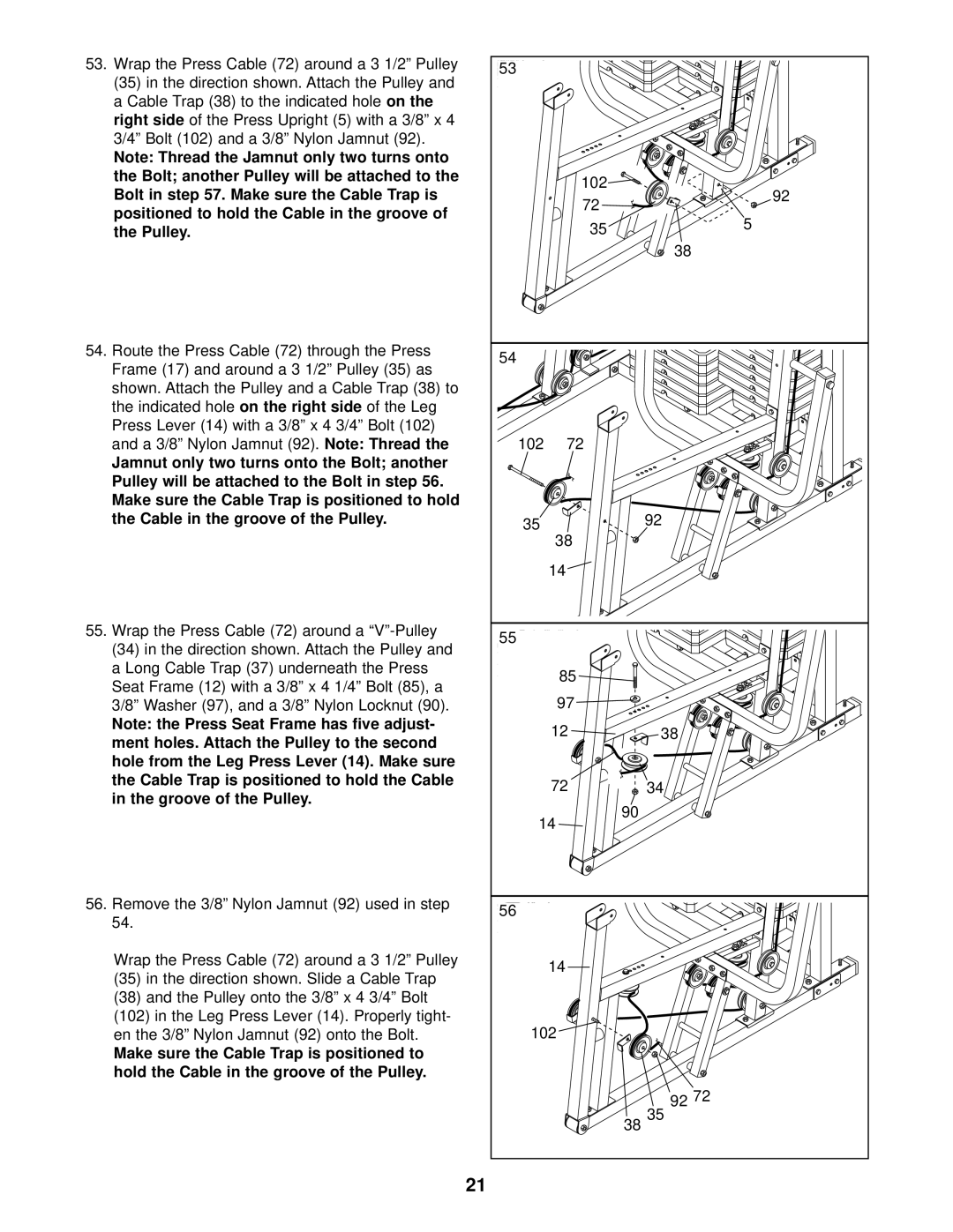 Weider 831.159831 user manual Route the Press Cable 72 through the Press, Pulley onto the 3/8 x 4 3/4 Bolt, 102 3835 