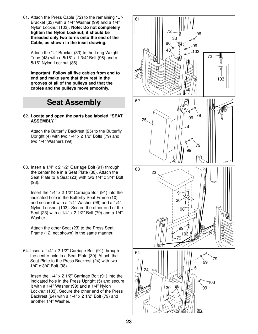 Weider 831.159831 user manual Seat Assembly, Locate and open the parts bag labeled Seat 