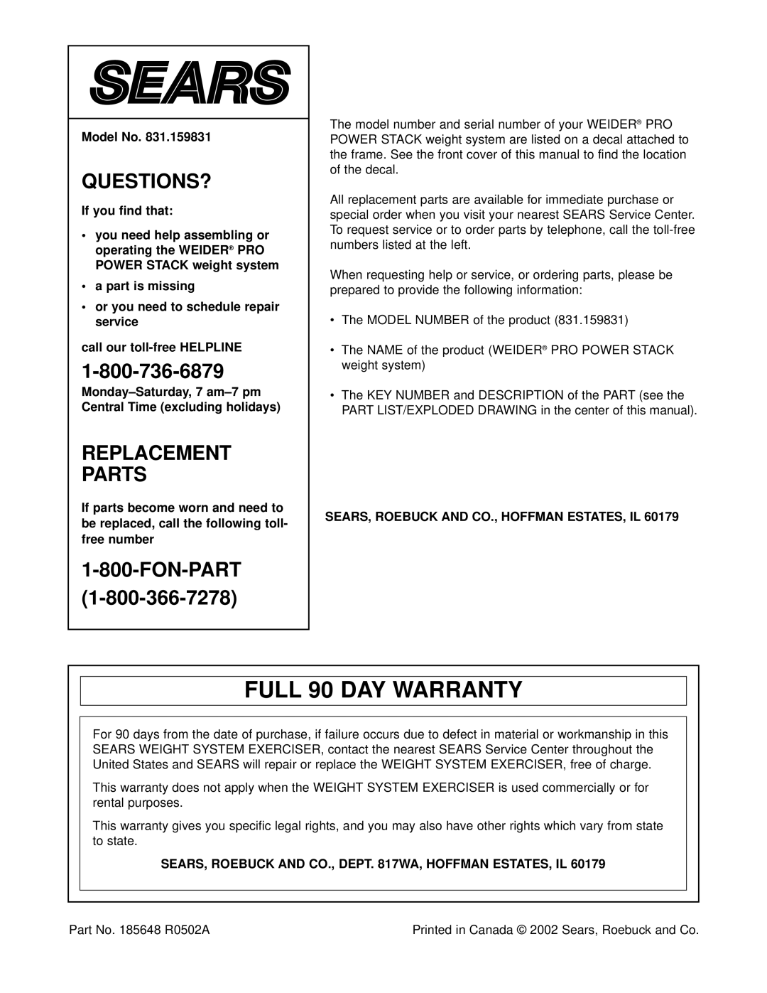 Weider 831.159831 user manual Full 90 DAY Warranty, SEARS, Roebuck and CO., Hoffman ESTATES, IL 