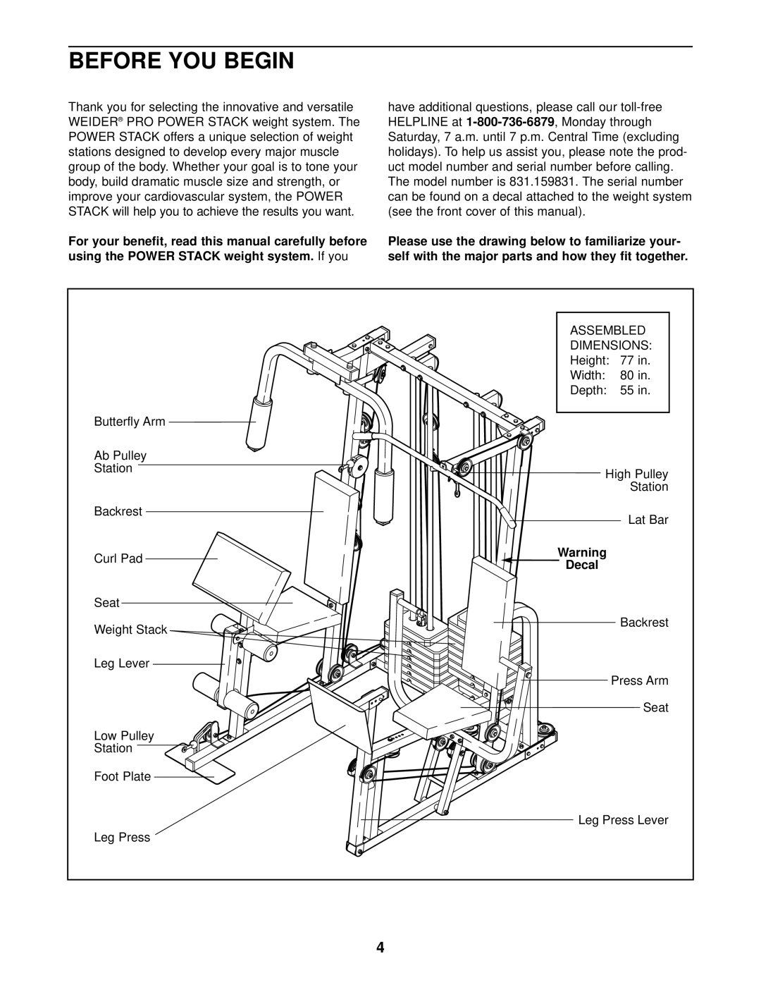 Weider 831.159831 user manual Before YOU Begin, Using the Power Stack weight system, Decal 