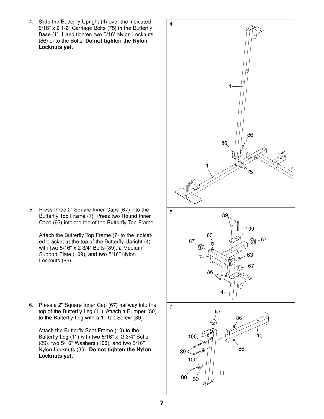 Weider 831.159831 user manual Onto the Bolts. Do not tighten the Nylon Locknuts yet, 109, 100 