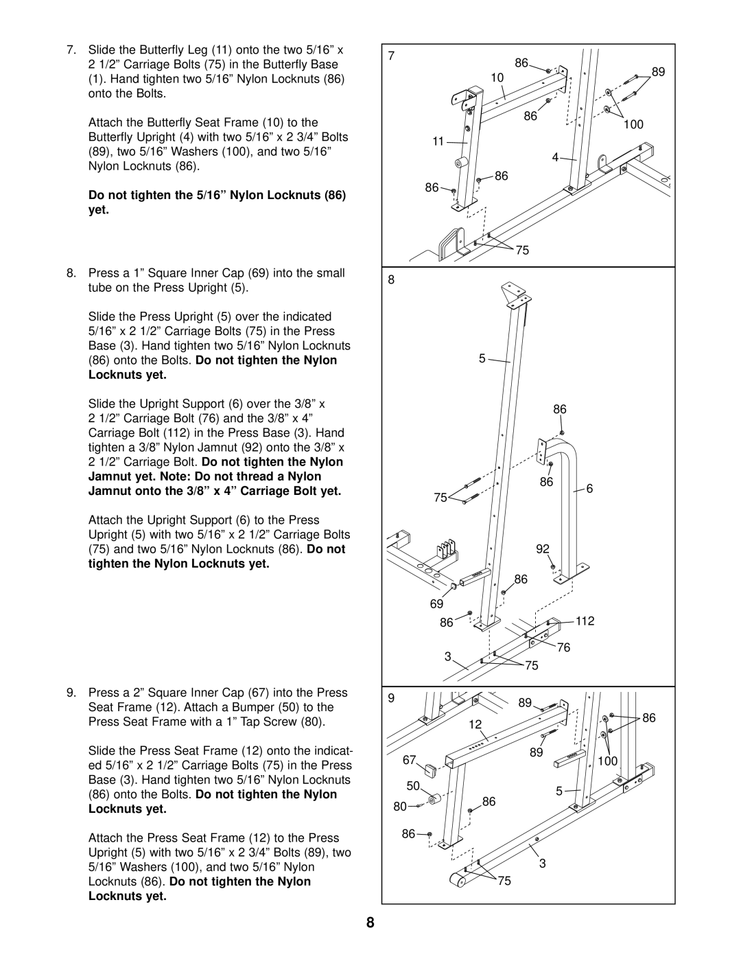 Weider 831.159831 Yet, Do not Tighten the Nylon Locknuts yet, Locknuts 86. Do not tighten the Nylon Locknuts yet 