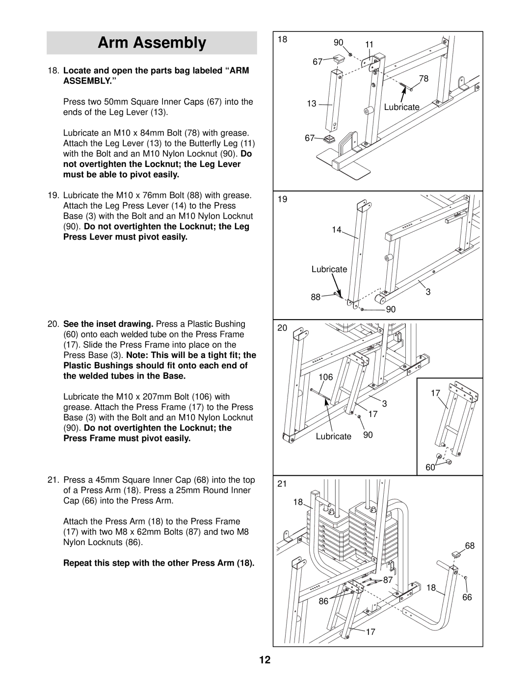 Weider 831.159833 user manual Arm Assembly 