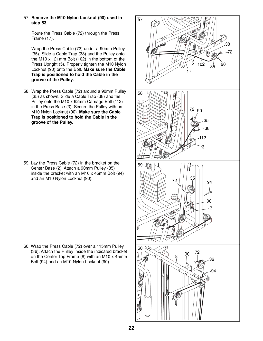 Weider 831.159833 user manual Remove the M10 Nylon Locknut 90 used in step 