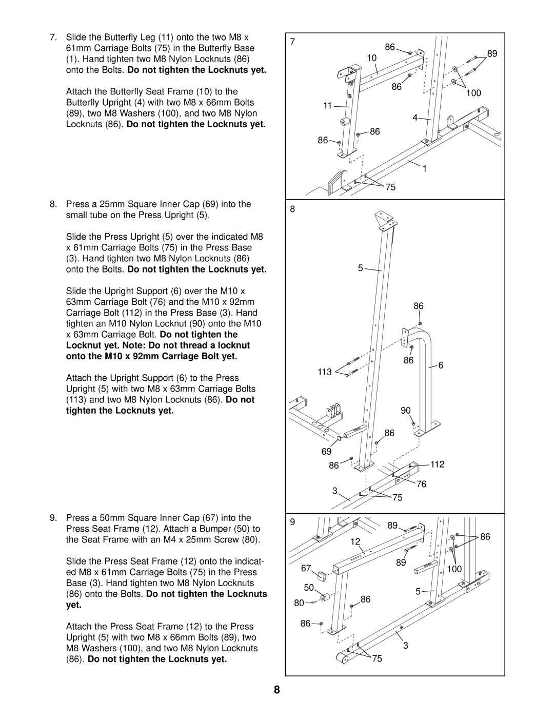 Weider 831.159833 user manual Onto the Bolts. Do not tighten the Locknuts yet, Locknuts 86. Do not tighten the Locknuts yet 