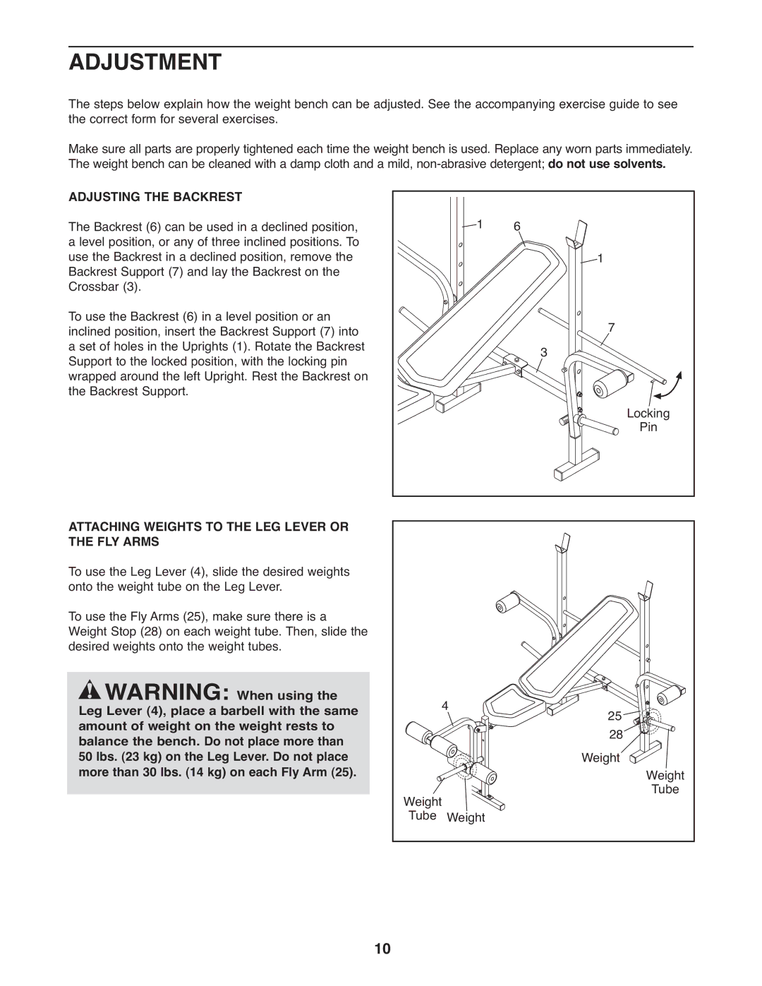 Weider 831.15999.1, WEBE0939.1 Adjustment, Adjusting the Backrest, Attaching Weights to the LEG Lever or the FLY Arms 