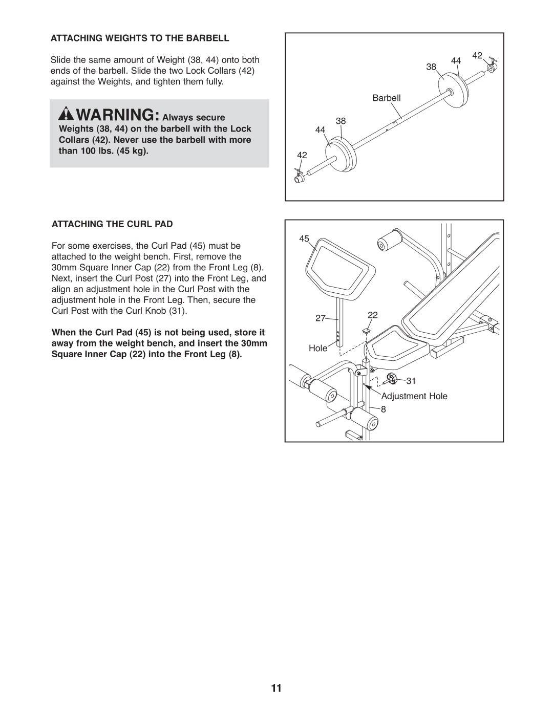 Weider WEBE0939.1, 831.15999.1 user manual Attaching Weights to the Barbell, Attaching the Curl PAD 