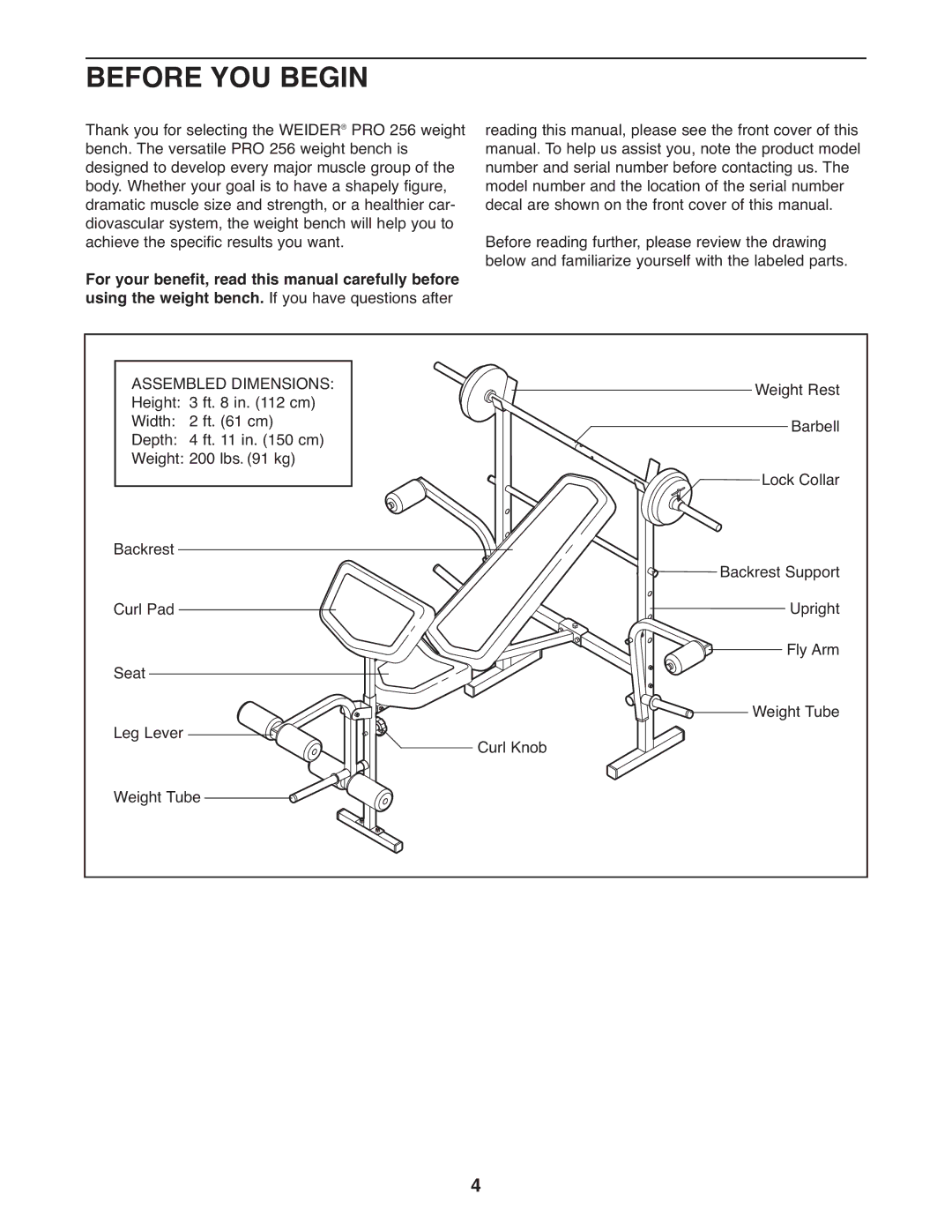 Weider 831.15999.1, WEBE0939.1 user manual Before YOU Begin, Assembled Dimensions 