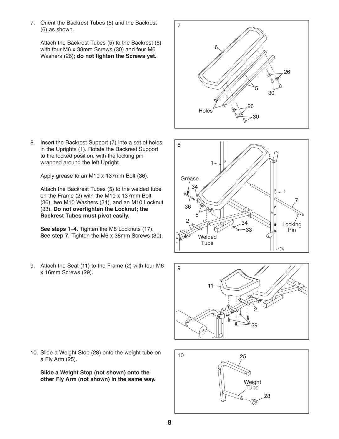 Weider 831.15999.1, WEBE0939.1 user manual Backrest Tubes must pivot easily 