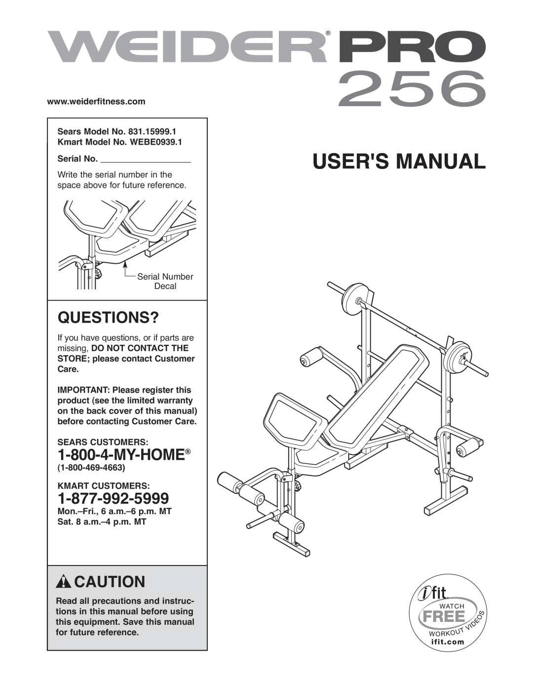 Weider WEBE0939.1 user manual Questions?, 1SEARS-800CUSTO-4-MYERS-HOME, STORE please contact Customer Care, Users Manual 