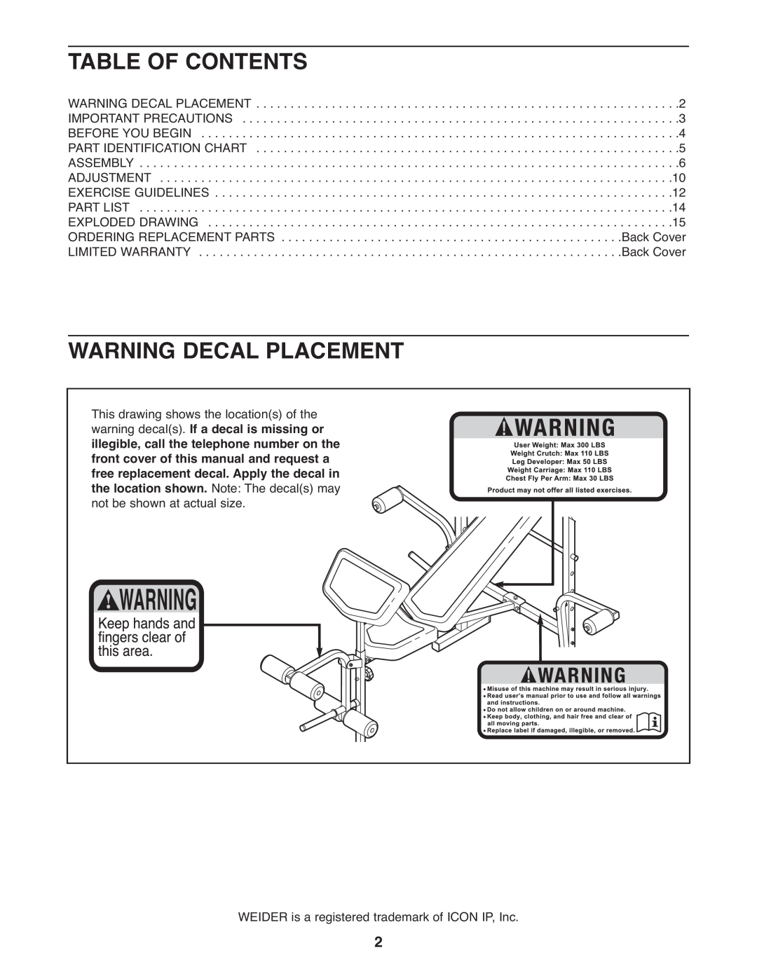 Weider 831.15999.1 user manual Table Of Contents, Warning Decal Placement, WEIDER is a registered trademark of ICON IP, Inc 