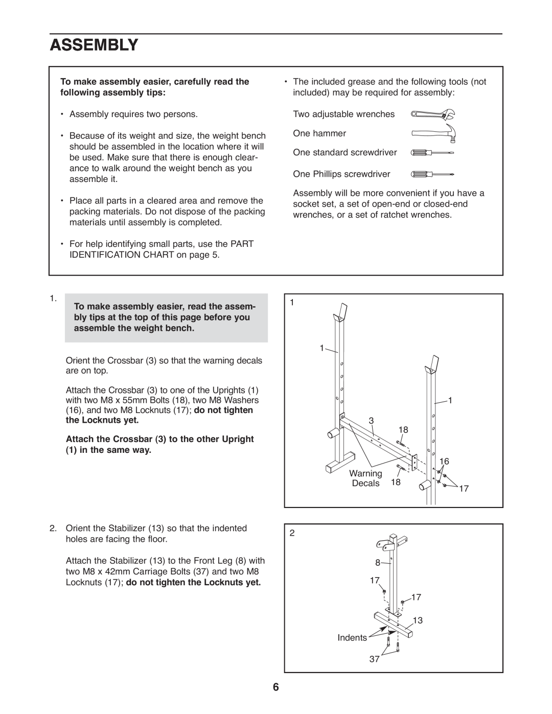 Weider 831.15999.1, WEBE0939.1 user manual Assembly, To make assembly easier, carefully read the following assembly tips 
