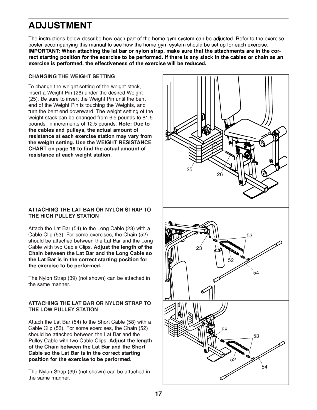 Weider 8510 user manual Adjustment, Changing the Weight Setting 