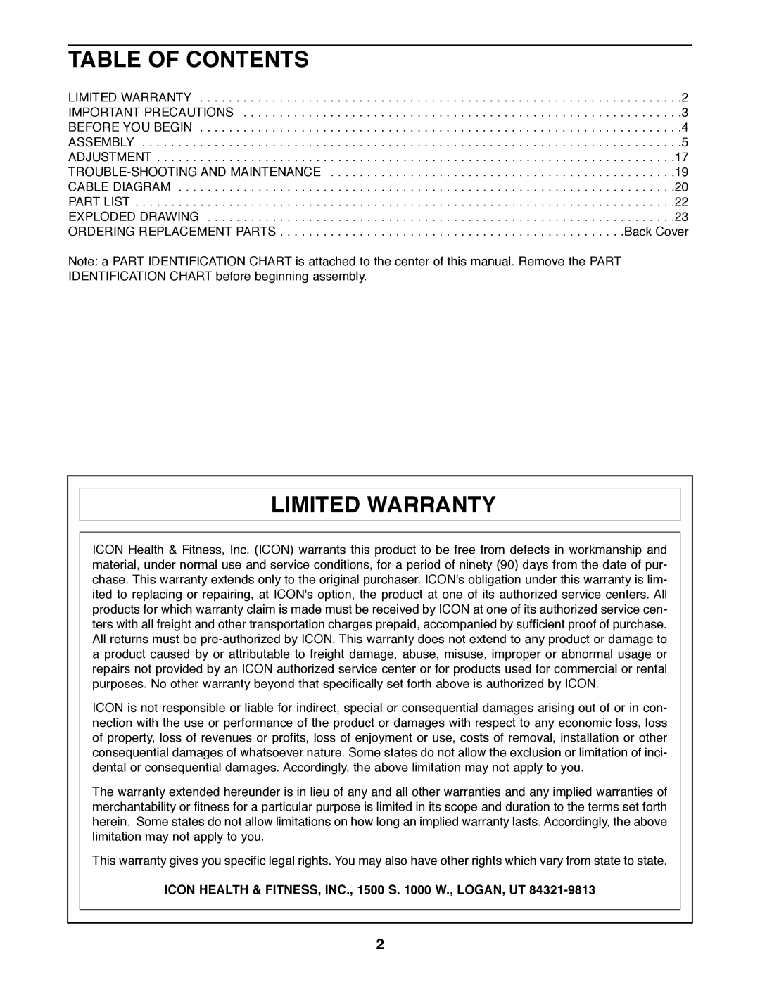 Weider 8510 user manual Table of Contents, Limited Warranty 