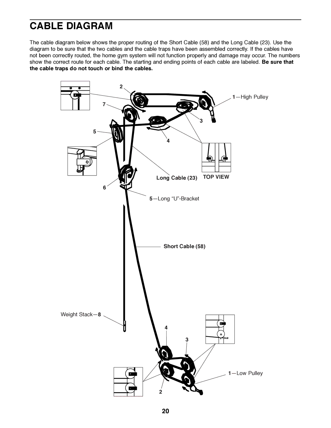 Weider 8510 user manual Cable Diagram, Long Cable 23 TOP View, Short Cable 