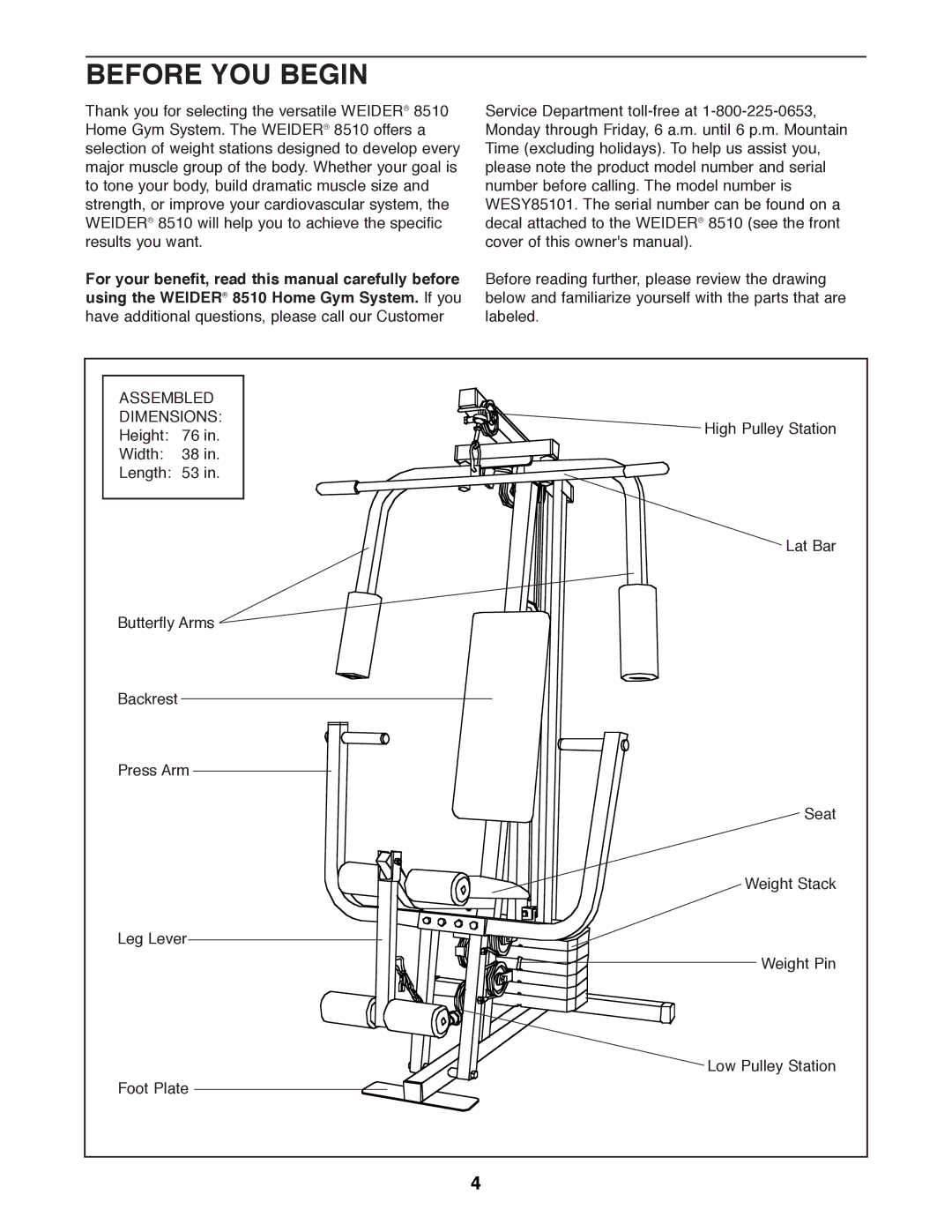 Weider 8510 user manual Before YOU Begin, Assembled Dimensions 