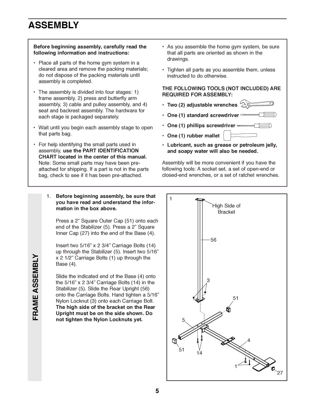 Weider 8510 Chart located in the center of this manual, Following Tools not Included are Required for Assembly 