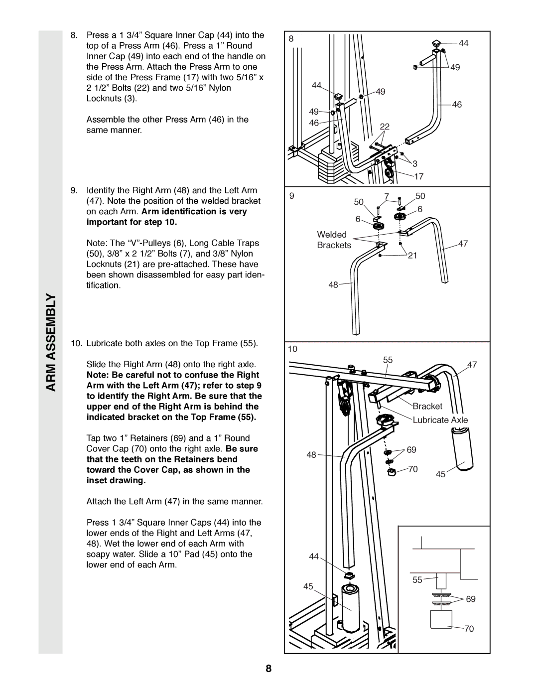 Weider 8510 user manual On each Arm. Arm identification is very, Important for step, Arm with the Left Arm 47 refer to step 