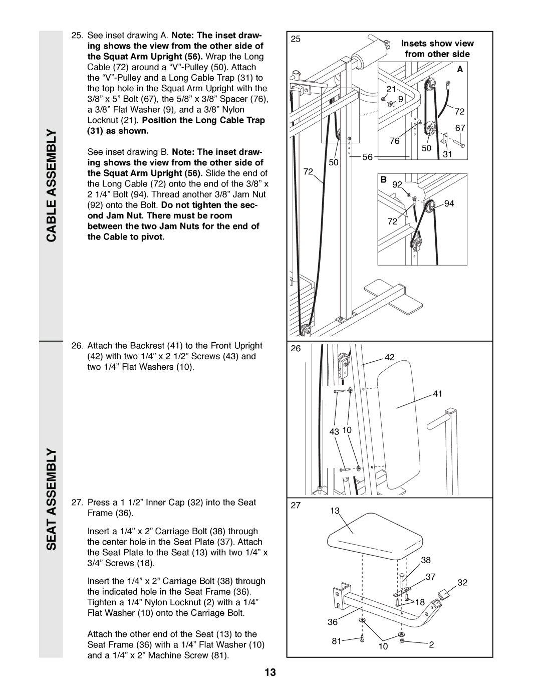 Weider 8530 manual Cable Assembly Seat Assembly, Insets show view, From other side 