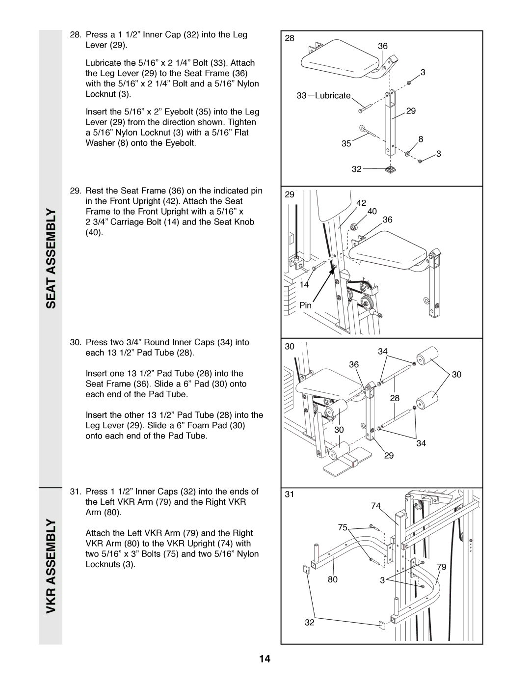 Weider 8530 manual Seat Assembly VKR Assembly 