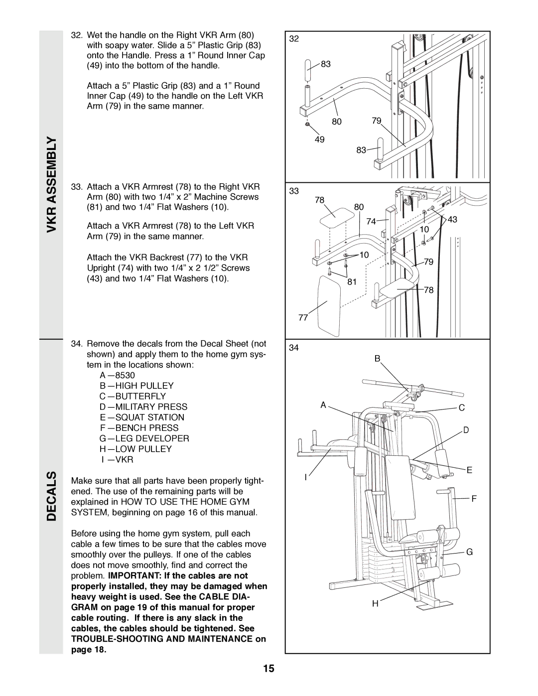 Weider 8530 manual VKR Assembly Decals 