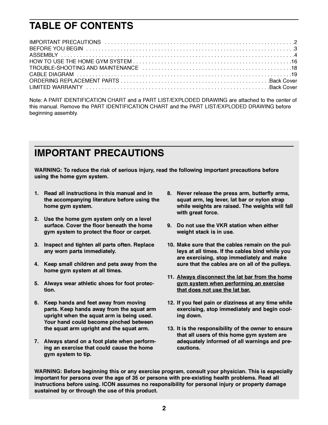 Weider 8530 manual Table of Contents, Important Precautions 