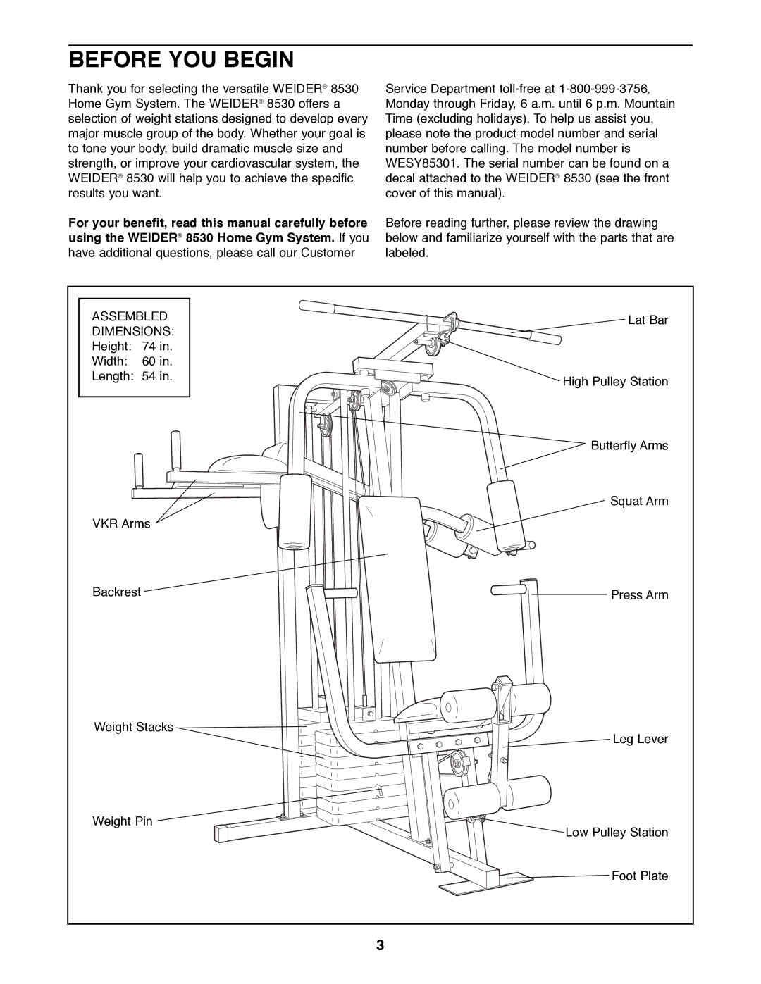 Weider 8530 manual Before YOU Begin, Dimensions 