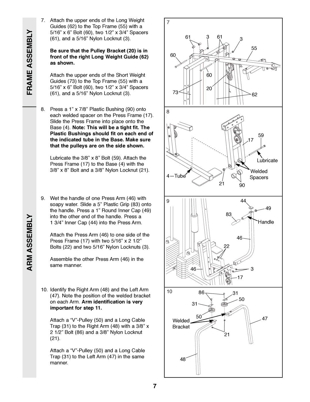 Weider 8530 manual Frame Assembly ARM Assembly, On each Arm. Arm identification is very Important for step 