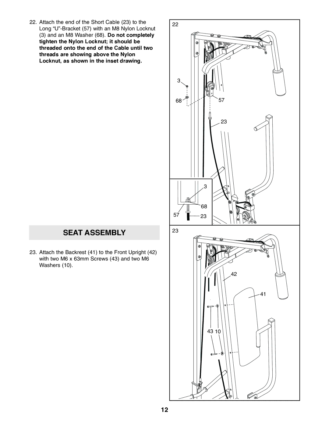 Weider 8920 user manual Seat Assembly 