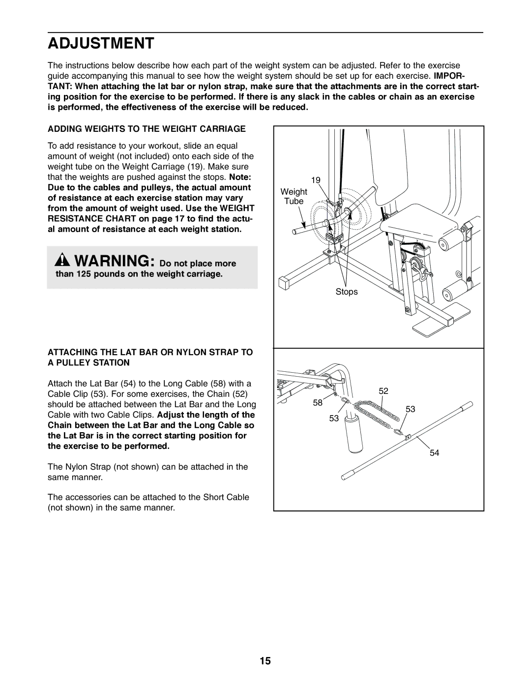 Weider 8920 Adjustment, Adding Weights to the Weight Carriage, Attaching the LAT BAR or Nylon Strap to a Pulley Station 