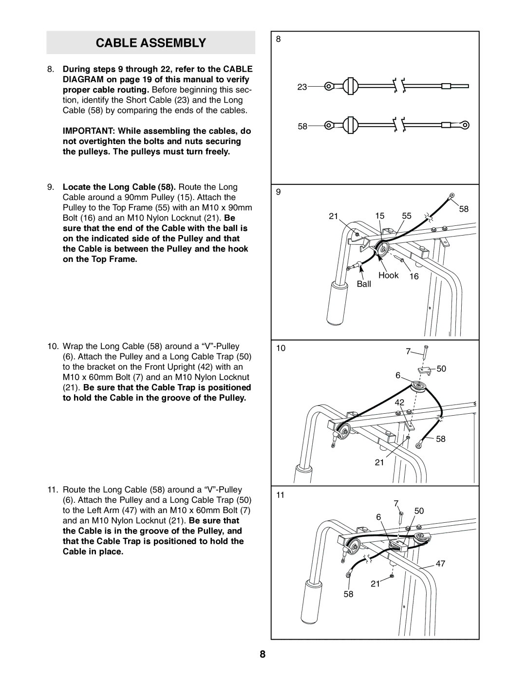 Weider 8920 user manual Cable Assembly 