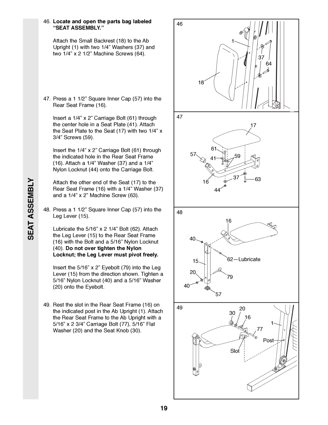 Weider 9300 PRO user manual Seat Assembly, Òseat ASSEMBLY.Ó 