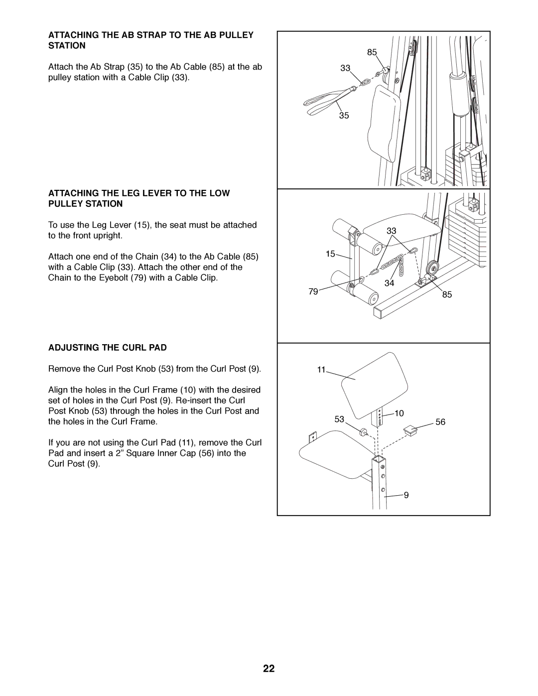 Weider 9300 PRO Attaching the AB Strap to the AB Pulley Station, Attaching the LEG Lever to the LOW Pulley Station 