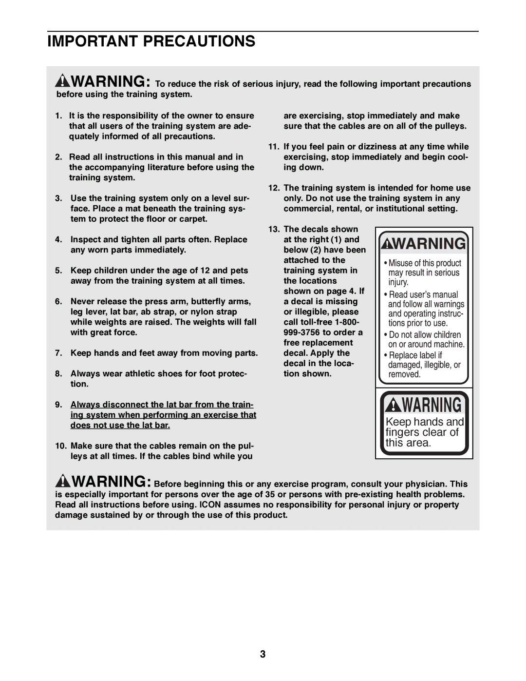 Weider 9300 PRO user manual Important Precautions 