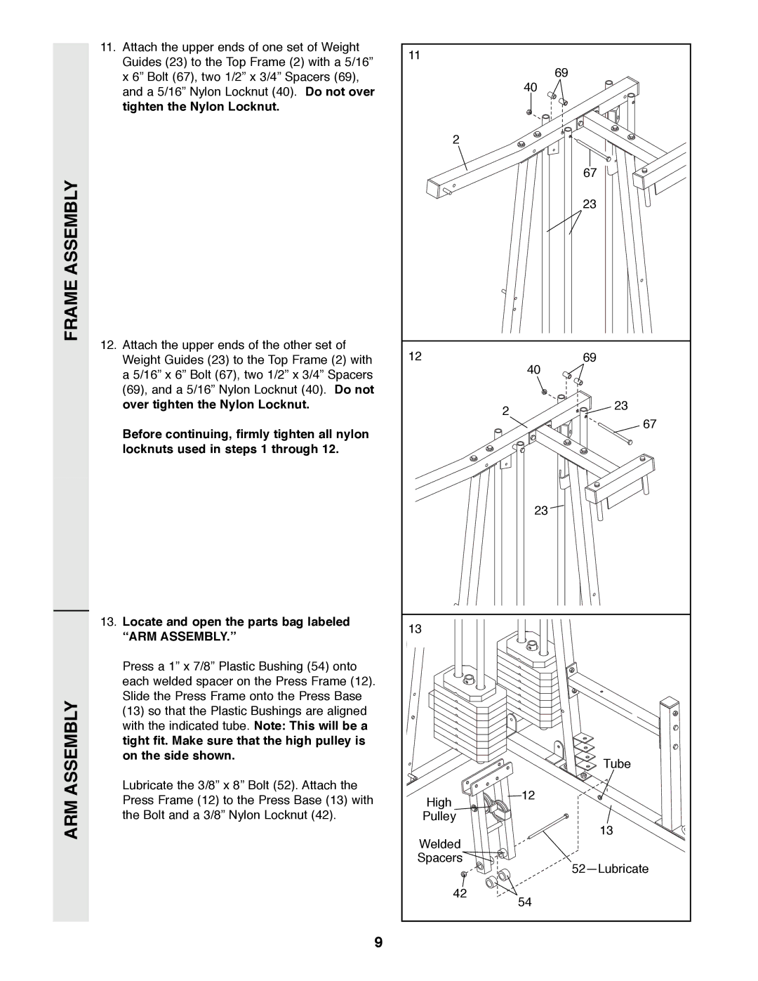 Weider 9300 PRO user manual Frame Assembly ARM Assembly, Òarm ASSEMBLY.Ó 