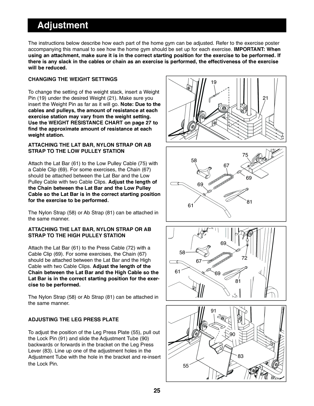 Weider 9940 user manual Adjustment, Changing the Weight Settings 