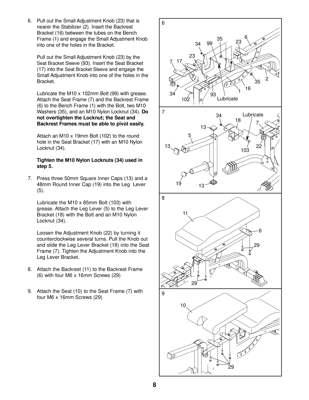 Weider C670 user manual Tighten the M10 Nylon Locknuts 34 used in step 