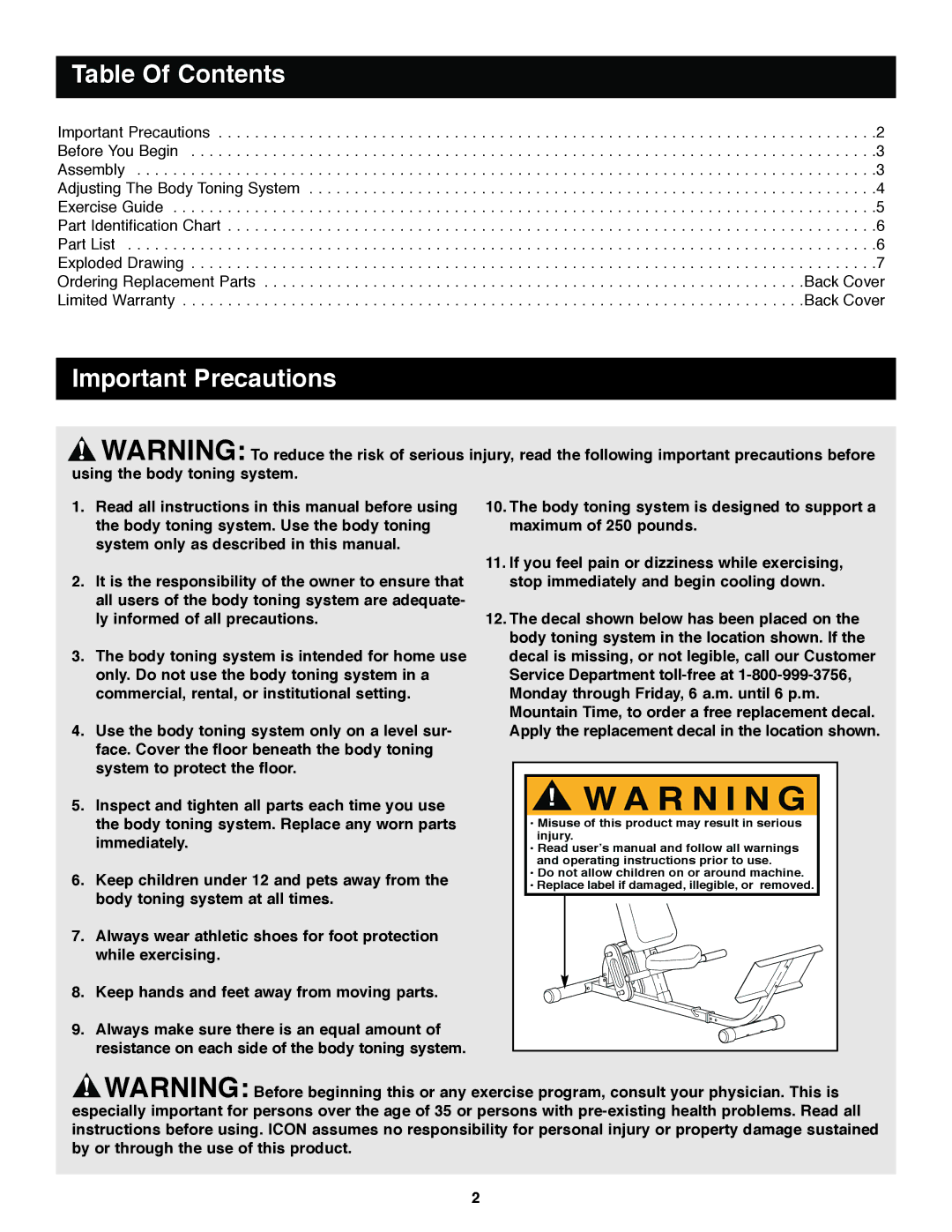 Weider DRBE06010 user manual Table Of Contents, Important Precautions 