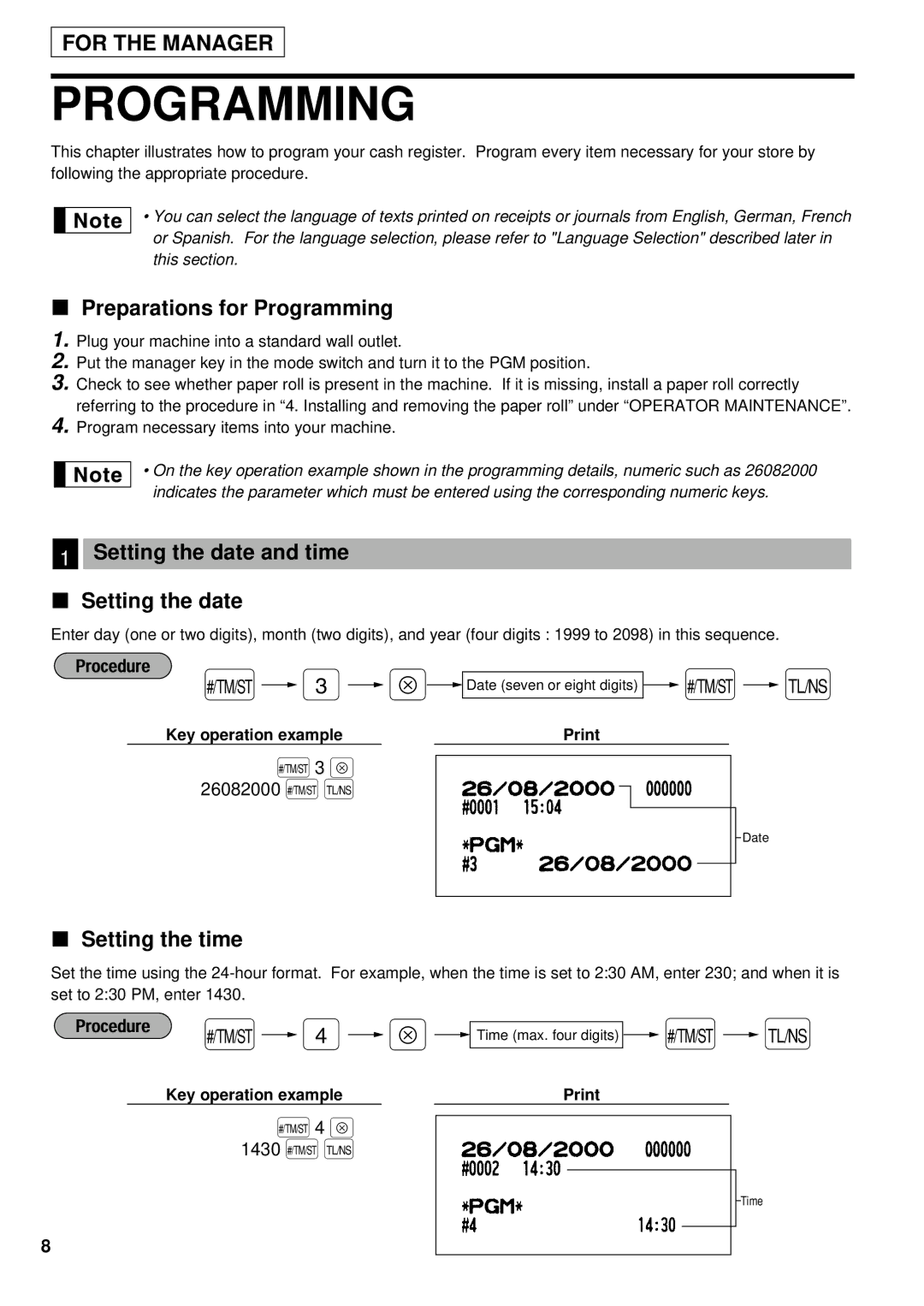 Weider ER-A220 Preparations for Programming, Setting the date and time, Setting the time, Key operation example Print 