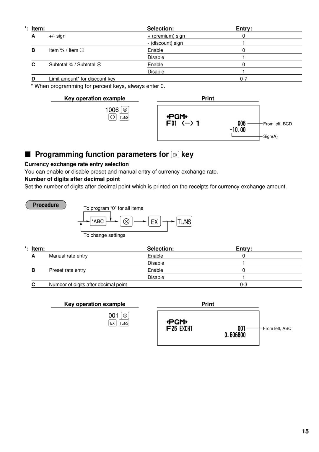 Weider ER-A220 instruction manual Programming function parameters for e key, Currency exchange rate entry selection 