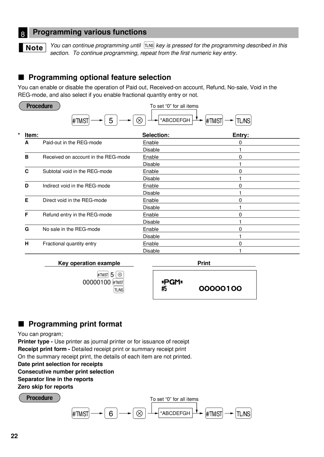 Weider ER-A220 Programming various functions, Programming optional feature selection, Programming print format 