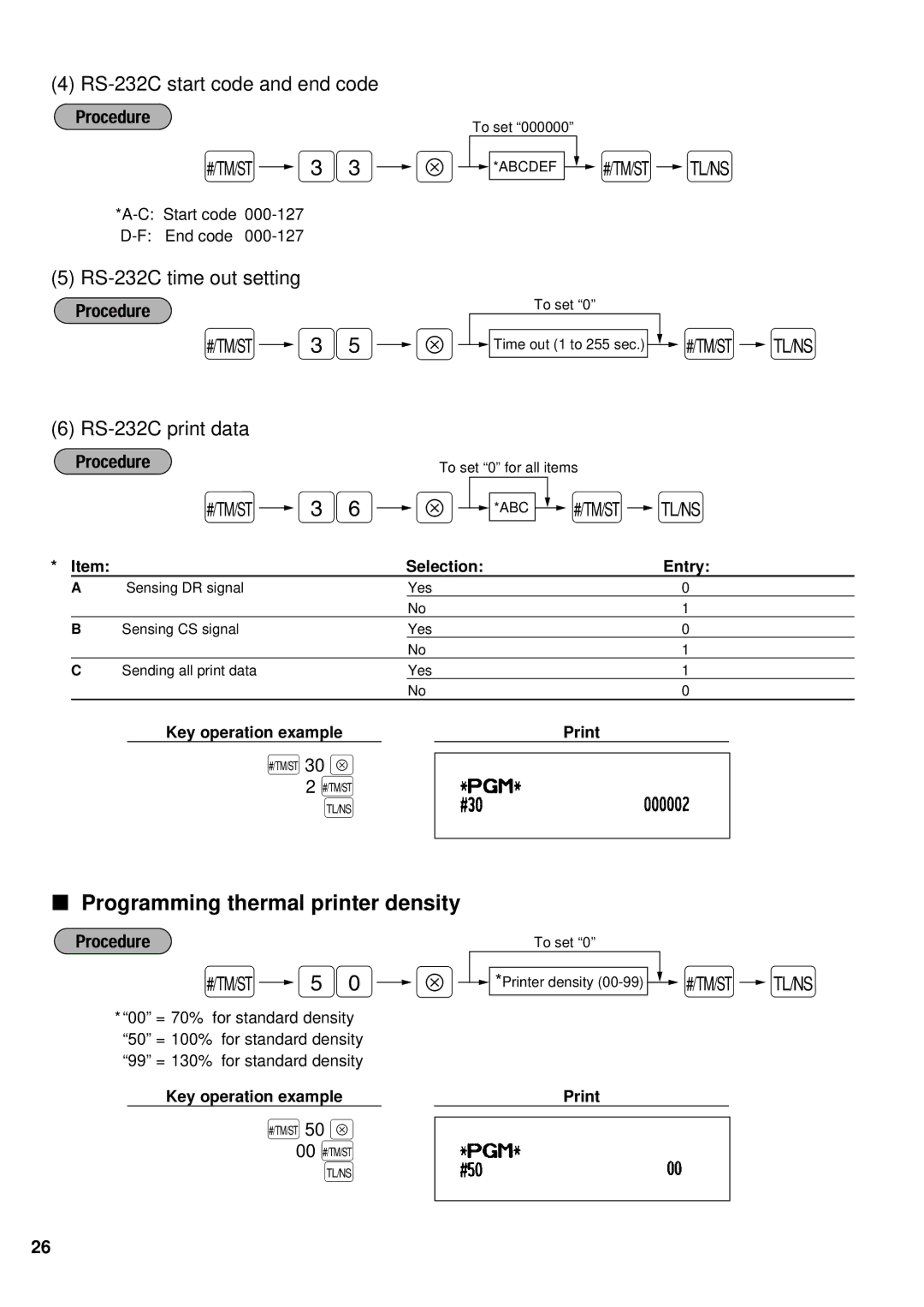 Weider ER-A220 instruction manual Programming thermal printer density, RS-232C print data 