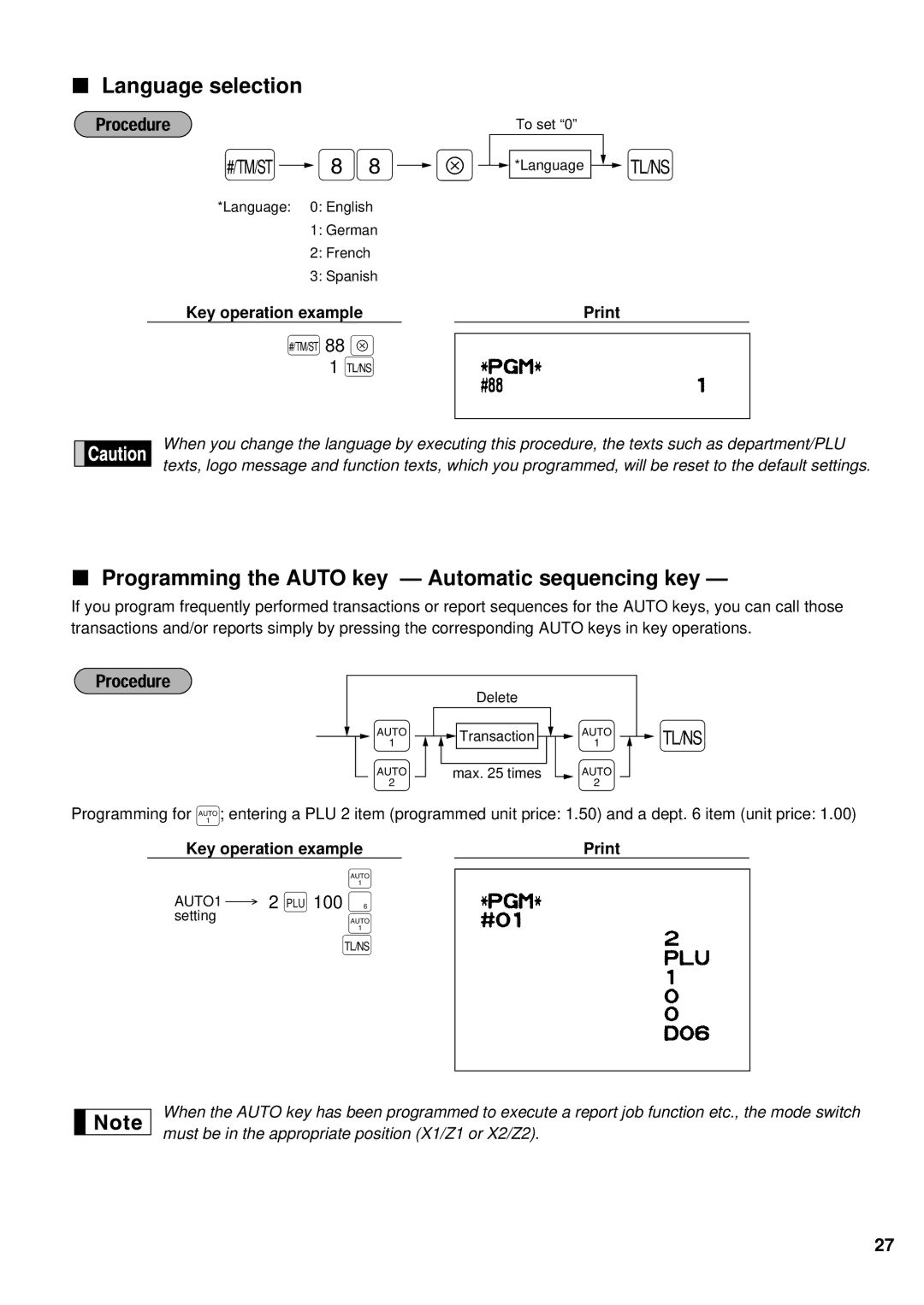 Weider ER-A220 instruction manual Language selection, Programming the Auto key Automatic sequencing key 